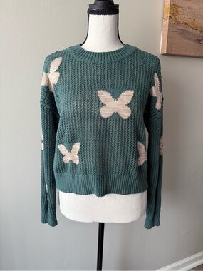 Sugar Moon Butterfly Knit Sweater Green Cream Chunky Pullover Women's Large